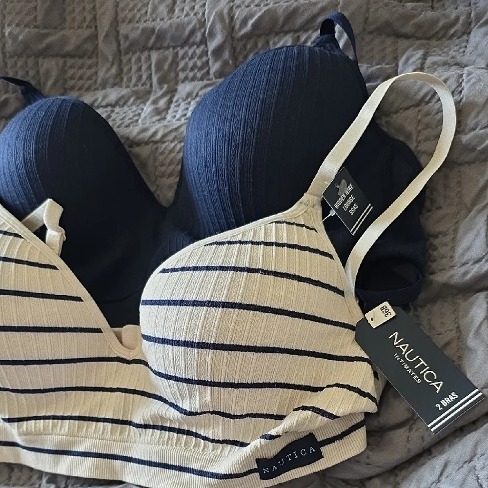 2 Pack Nautica Striped Cream & Navy Wireless Bralette Duo - Picture 2 of 4